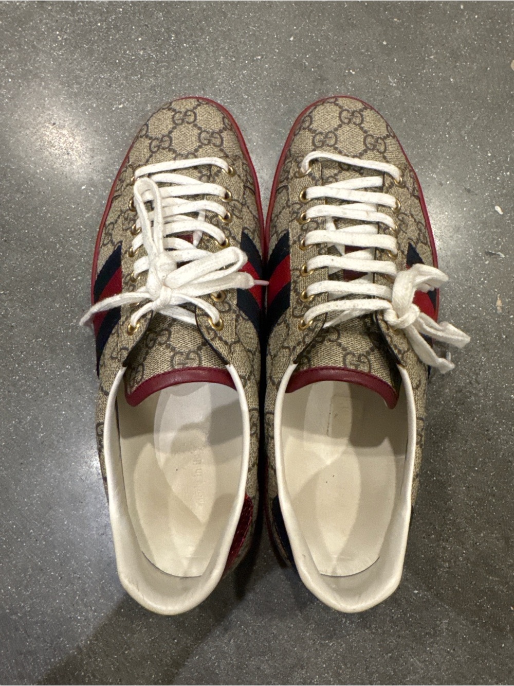 Gucci GG Supreme Canvas Sneakers with Red Trim and Navy Stripes